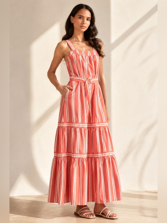 Elan Dresses & Skirts - Elan Coral Stripe Tiered Maxi Dress with Belt | NWT | Size Medium
